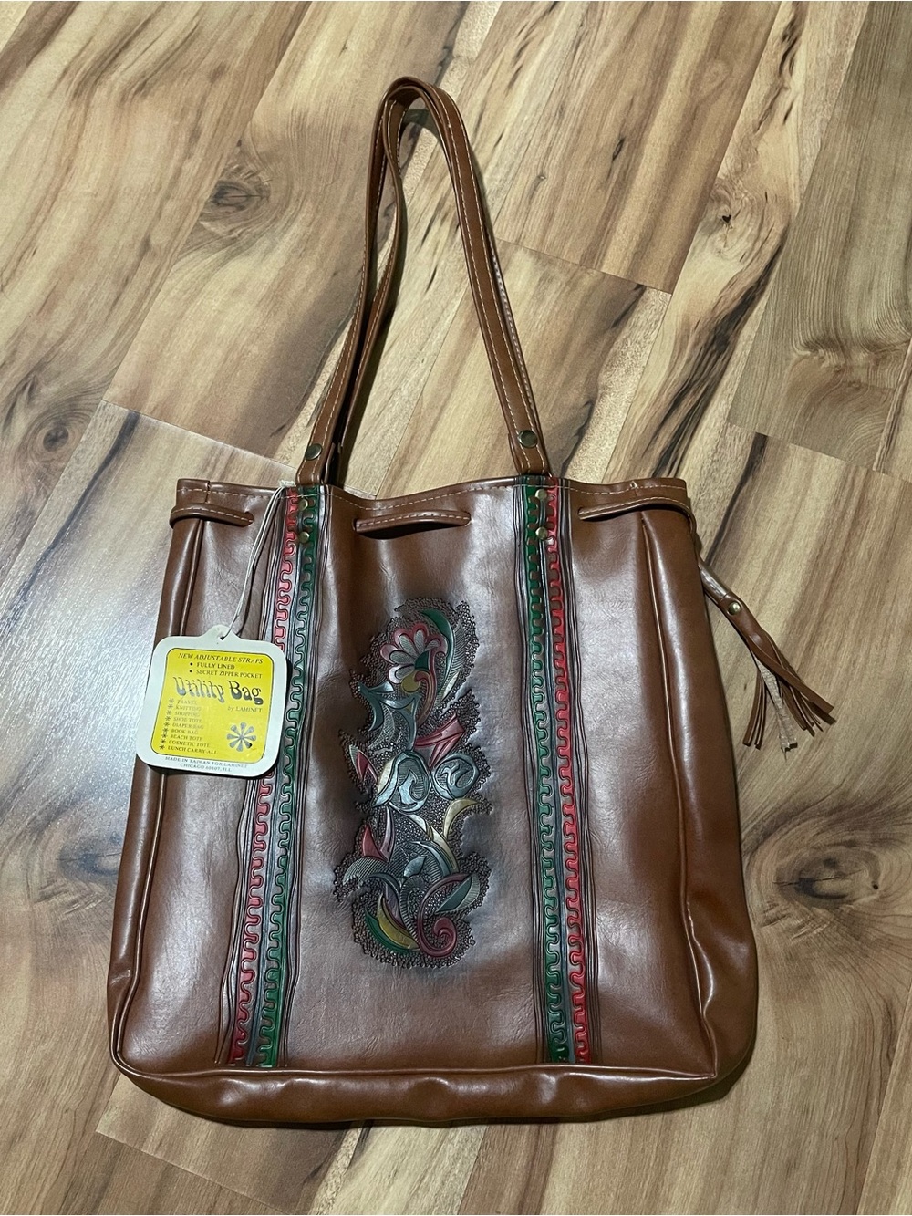 NWT VTG 80s Laminet Brown Faux Leather Utility Bag Floral Embossed Tote